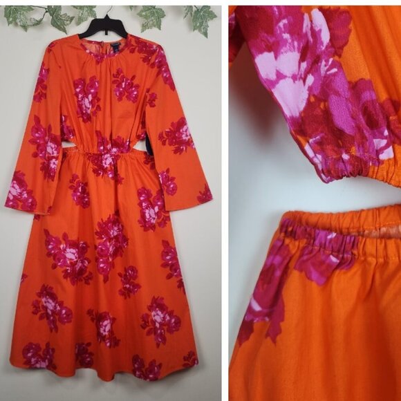 Scoop Sz L (12-14) Orange Floral Side Cut Out Midi Dress with Pockets NWT - Picture 1 of 8